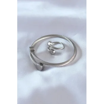 Çelik Gümüş Renk Sıkı Burgu Model Erkek Bileklik Yüzük Seti
