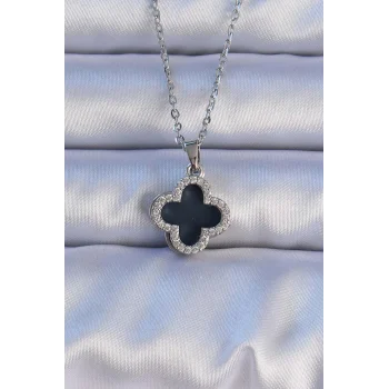 Çelik Gümüş Renk Siyah Mineli Zirkon Taşlı Yonca Figürlü Kolye