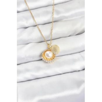 Çelik Zincir Gold Renk İncili Deniz Kabuğu Model Zirkon Taşlı Kadın Kolye