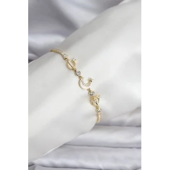 Charmlı Model Zirkon Taşlı Gold Renk Su Yolu Kadın Bileklik