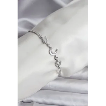 Charmlı Model Zirkon Taşlı Gümüş Renk Su Yolu Kadın Bileklik