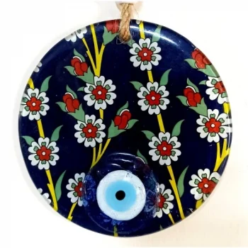 Çiçek Desenli Lacivert Nazar Boncuklu Füzyon Cam Duvar Süsü