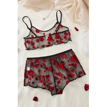 Çiçek Desenli Siyah Transparan Şortlu Gecelik Tm1377