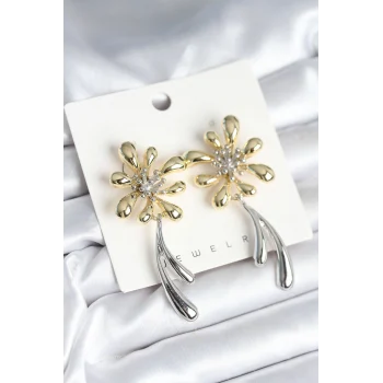 Çiçek Model Gold Gümüş Renk Kadın Küpe