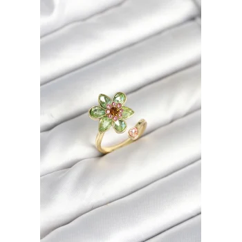 Çiçek Model Yeşil Pirinç Gold Renk Yüzük