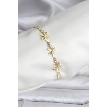Çiçek Model Zirkon Taşlı Gold Renk Pirinç Su Yolu Kadın Bileklik
