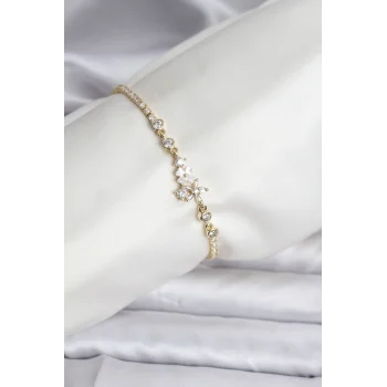 Çiçekli Model Zirkon Taşlı Gold Renk Su Yolu Kadın Bileklik