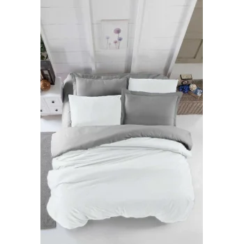 Çift Kişilik Lastikli Çarşaflı Nevresim Takımı Pamuklu Four Season Beyaz Gri