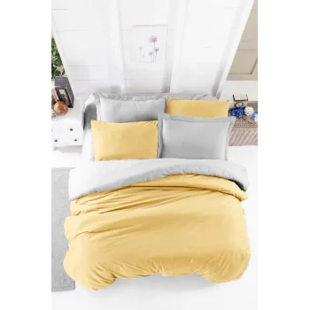 Çift Kişilik Lastikli Çarşaflı Nevresim Takımı Pamuklu Four Season Hardal Gri