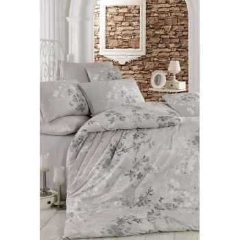 Çift Kişilik Nevresim Takımı Pamuklu Gümüş Çiçek