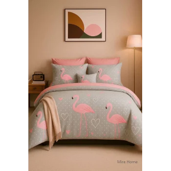 Çift Kişilik Pamuklu Nevresim Takımı Flamingo Love