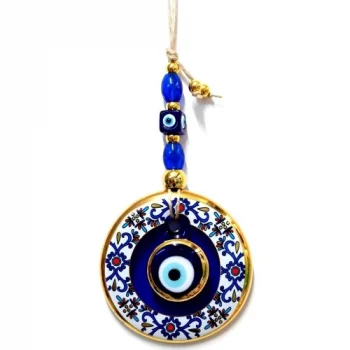 Çini Desenli Nazar Boncuklu Duvar Süsü, Cam El İşçiliği Hediyelik Eşya Altın Yaldızlı Nazar Boncuğu