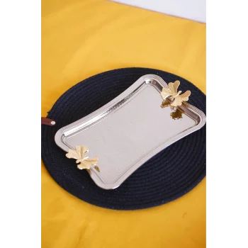 Cooker Dikdörtgen Dövme Desenli Kelebekli Kulplu Metal Tepsi 25x17 cm