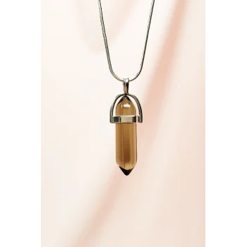 Dumanlı Kuvars Doğal Taşı Zincirli El Yapımı Tasarımlı Kolye Uç: 3,5 cm Zincir: 20 cm Kutulu