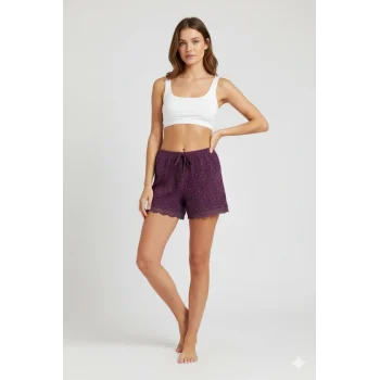 Düz Renk Mini Çiçek Desenli Penye Kadın Ev Şortu Bacak Dantel Detaylı Ev Giyim Gül Kurusu