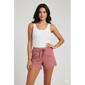 Düz Renk Mini Çiçek Desenli Penye Kadın Ev Şortu Bacak Dantel Detaylı Ev Giyim Pembe