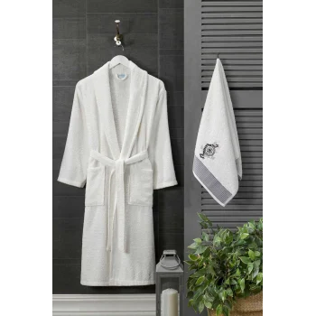 Erkek Havlulu Banyo Bornoz Takımı &#37;100 Pamuklu Beyaz