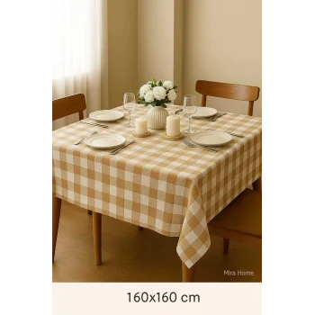Fiber Kareli Masa Örtüsü Sofra Bezi Ekose Desen 160x160 Cm Bej