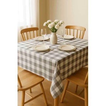 Fiber Kareli Masa Örtüsü Sofra Bezi Ekose Desen 160x160 Cm Gri