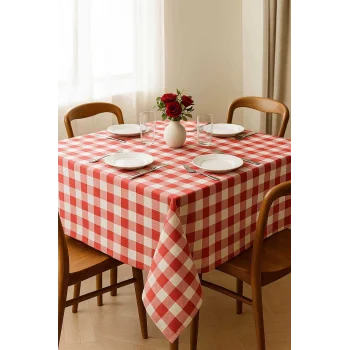 Fiber Kareli Masa Örtüsü Sofra Bezi Ekose Desen 160x160 Cm Kırmızı
