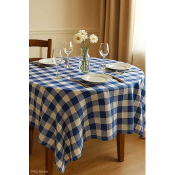 Fiber Kareli Masa Örtüsü Sofra Bezi Ekose Desen 160x160 Cm Mavi