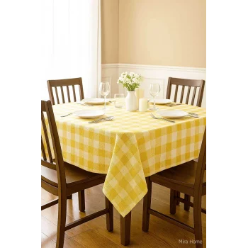 Fiber Kareli Masa Örtüsü Sofra Bezi Ekose Desen 160x160 Cm Sarı