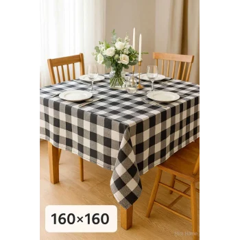Fiber Kareli Masa Örtüsü Sofra Bezi Ekose Desen 160x160 Cm Siyah