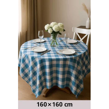 Fiber Kareli Masa Örtüsü Sofra Bezi Ekose Desen 160x160 Cm Turkuaz