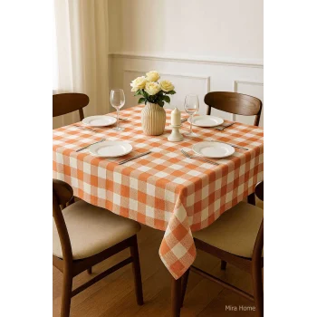 Fiber Kareli Masa Örtüsü Sofra Bezi Ekose Desen 160x160 Cm Turuncu