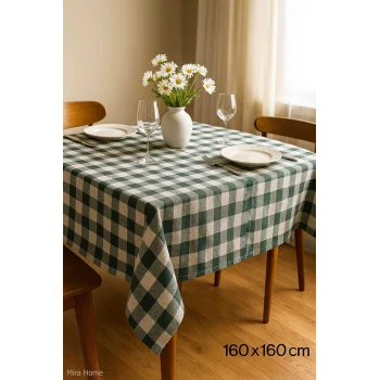 Fiber Kareli Masa Örtüsü Sofra Bezi Ekose Desen 160x160 Cm Yeşil