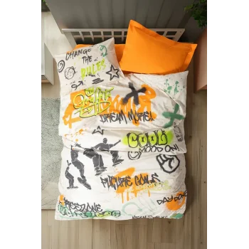 Genç Odası Tek Kişilik Nevresim Takımı Graffiti Oranj