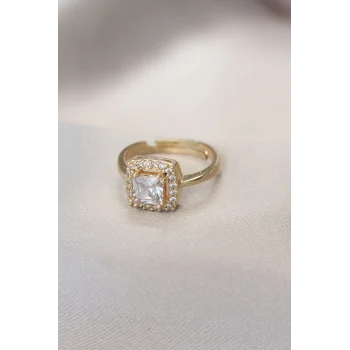 Gold Baget Ve Zirkon Taşlı Kare Yüzük