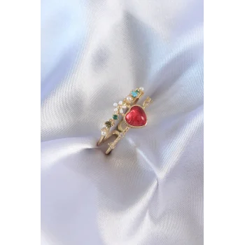 Gold Renk Kırmızı Zirkon Taş Kalp Model Pirinç Kadın Yüzük