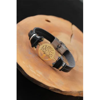 Gold Renk Metal Ağaçlı Tasarım Siyah Renk Deri Erkek Bileklik