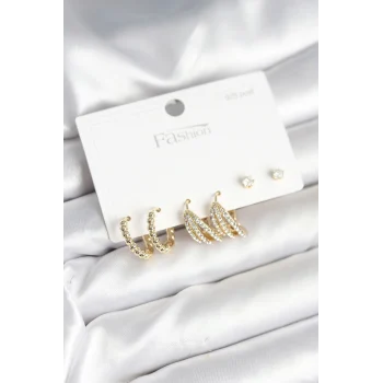 Gold Renk Pirinç 925 Ayar Gümüş Çivili Kadın Küpe Seti