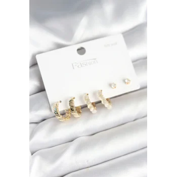 Gold Renk Pirinç Halka 925 Ayar Gümüş Çivili Kadın Küpe Seti