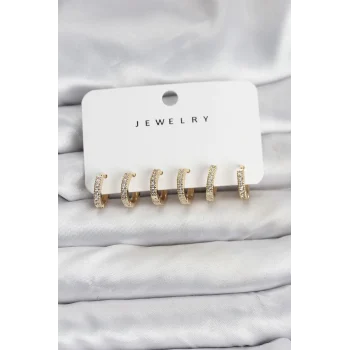 Gold Renk Pirinç Zirkon Taşlı Halka Kadın Küpe Seti