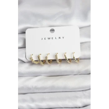 Gold Renk Pirinç Zirkon Taşlı Kadın Küpe Seti