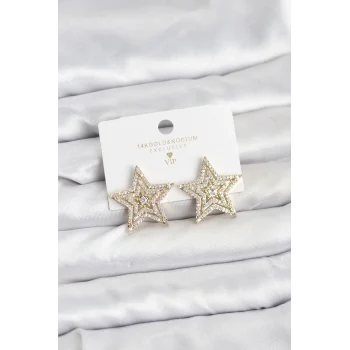 Gold Renk Pirinç Zirkon Taşlı Yıldız Model Kadın Küpe