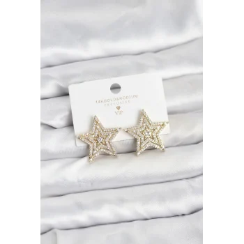 Gold Renk Pirinç Zirkon Taşlı Yıldız Model Kadın Küpe