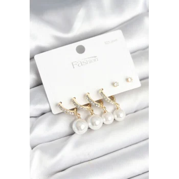 Gold Renk Zirkon Taşlı Pirinç İncili 925 Ayar Gümüş Çivili Küpe Seti