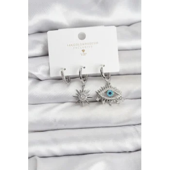 Göz Model Gümüş Renk Pirinç 3lü Kadın Küpe Seti