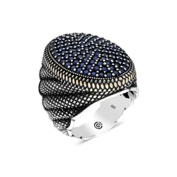 Luz&Pos Gümüş Lacivert Zirkon Taşlı Oval Erkek Yüzük