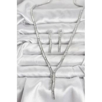 Gümüş Renk Baget Zirkon Taşlı Kadın Kolye Küpe Set