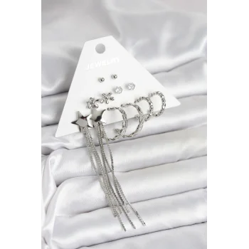 Gümüş Renk Pirinç 6 Çift Kadın Küpe Seti