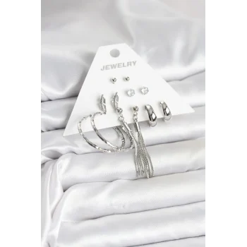 Gümüş Renk Pirinç 6 Çiftli Kadın Küpe Seti
