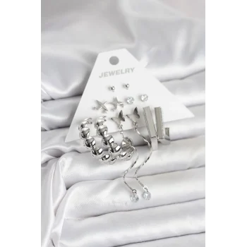 Gümüş Renk Pirinç 6lı Kadın Küpe Seti