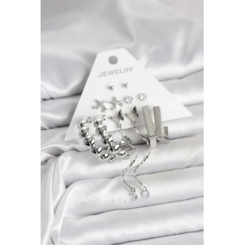 Gümüş Renk Pirinç 6lı Kadın Küpe Seti