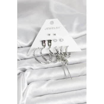 Gümüş Renk Pirinç 6lı Kadın Küpe Seti