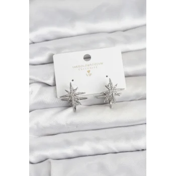 Gümüş Renk Pirinç Çift Taraflı Kutup Yıldızı Kadın Küpe